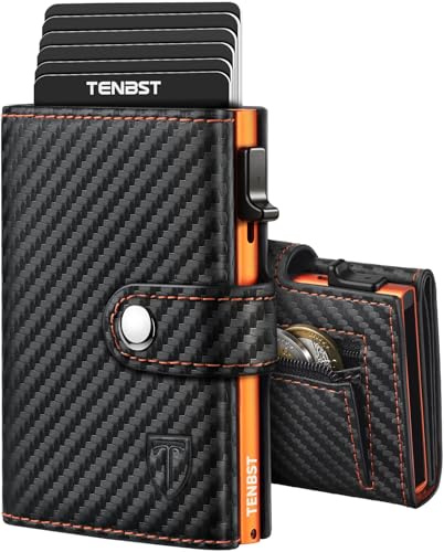 TENBST Geldbörse Herren mit Münzfach & RFID Schutz, Slim Wallet Kartenetui für 10 Kreditkarten, Portmonee Geldbeutel Herren, Kreditkartenetui Klein - Geschenke zum Vatertag (Orange- schwarz)