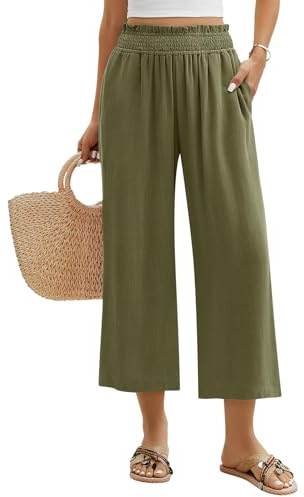 PASUDA Pantalon Fluide Femme Été Coton Lin Pantacourt Décontractée 7/8 Pantalons Taille Elastique Solide Couleur Léger Casual Yoga Plage Longueur Pants avec Poches