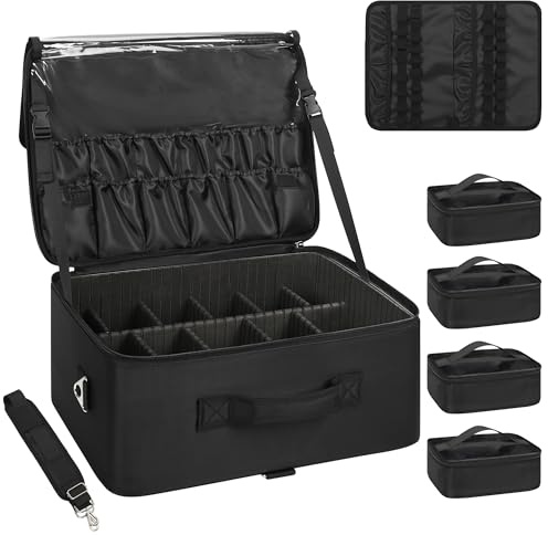 Relavel Extra Large Makeup Case Professional Cosmetic Storage Organizer Box Brush Holder with 4 Clear Set Bags & Lipstick Plate for Makeup Artists with Shoulder Strap & Adjustable Dividers