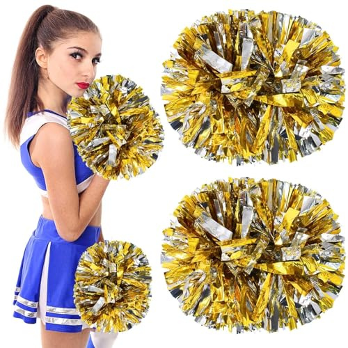 GIUSOBG Pom Pom Cheerleader Pompon Pom Pom In Lamina di Metallo 2 Pezzi Pom Pon di Squadra Cheer Leader Poms Pom Cheerleading Pom Dance Pom Giochi Sportivi Spirito di Squadra (Oro Argento)