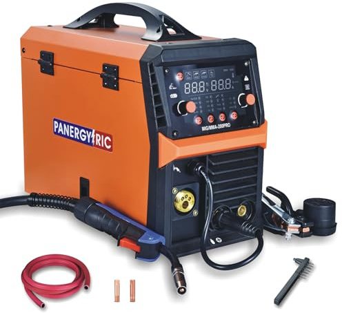 Mig Welder 200A Synergic Wire Feed Welder Portable Welding Machine, 4 in 1 Gas MIG/Flux Core MIG/Stick/Lift TIG Multi-Process Welder, 110V/220V Dual Voltage with IGBT Inverter & LCD Screen Display