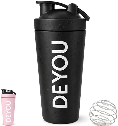 DEYOU Edelstahl Shaker 750ml – Protein Shaker mit Sieb & Edelstahl Kugel – Auslaufsicher, BPA-frei, Spülmaschinenfest – Fitness Flasche für Proteinpulver, Eiweißshake & Sportgetränke (schwarz)