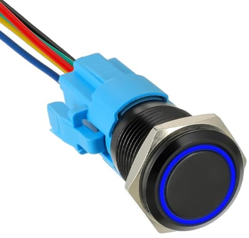 JAMHER 16mm 12V DC interrupteur à bouton poussoir autobloquant 1no1nc interrupteur SPDT avec interrupteur étanche à LED annulaire pour trou de montage de 0,63 avec prise de courant (Bleu)