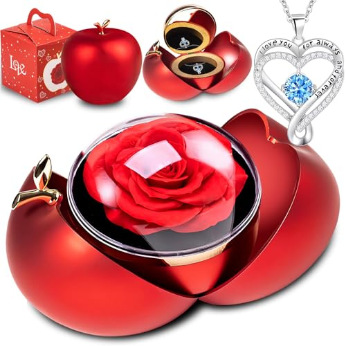 goldmiky Rosa Eterna con Collana, Rosa Stabilizzata Rossa Cofanetto,Fiori Eterni con Collana Cuori Regalo, per Idea Regalo Donne la Moglie a Natale,San Valentino,Festa della Mamma (Mela Blu Diamante)