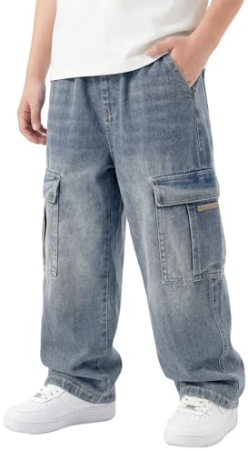 Keyck Jean Baggy Garçon Enfants Cargo Pantalon en Denim Streetwear 7-15 Ans | avec Taille Élastique, Multiples Poches, Ado Vintage Loose Fit Décontracté, Large Long Jeans, Casual Tendance Streetwear Pant