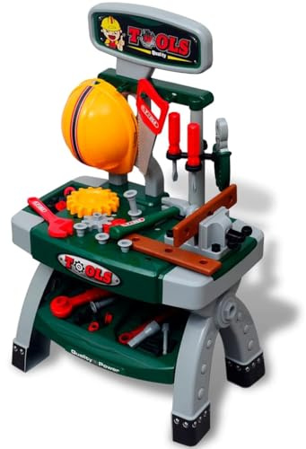 GeenYuu Banco da lavoro per bambini con attrezzi, verde e grigio, in plastica, 44 x 28 x 71 cm, a partire dai 3 anni, con set di accessori, educativo per giocattoli di ruolo, artigiani, bambini, per