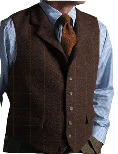 Mens Casual Plaid Suit Vest Tweed Slim Fit Waistcoat for Wedding Groomsmen