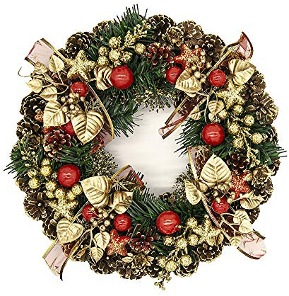 Classic Christmas Wreath 40cm - Luxury Xmas Festive Decoration Garland with Pine Cone and Red Berries for Door Fireplace Frame