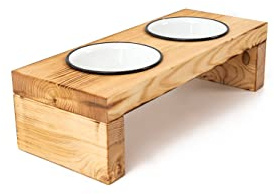 Woodworms kleine Futterbar, Futterstation mit 2x 700 ml Hundenapf Emaille, Handgemachte Echtholz Hundebar für mittlere und kleine Hunde (M)