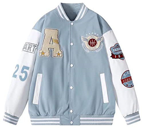 Yesgirl Giacca da Baseball da Uomo College Giacca Unisex Bomber Jacket Cappotto Varsity Jacket Oversize Sportiva Jackets Vintage Streetwear Outwear Autunno E Azzurro S