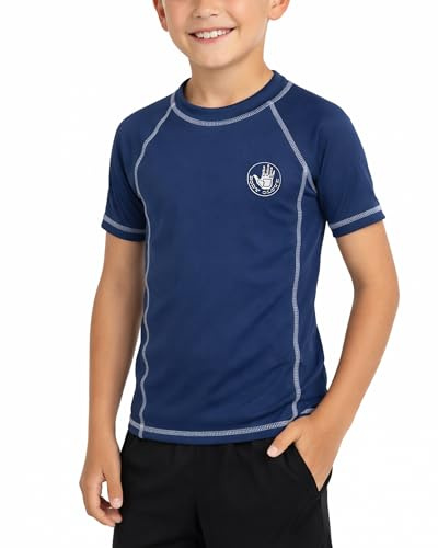 Body Glove Boys Rash Guard Shirt - UPF 50+ Quick Dry Fabric Rash Guard Swimwear for Boys - Short Sleeve Kids Swim Shirt, Size 12, Navy