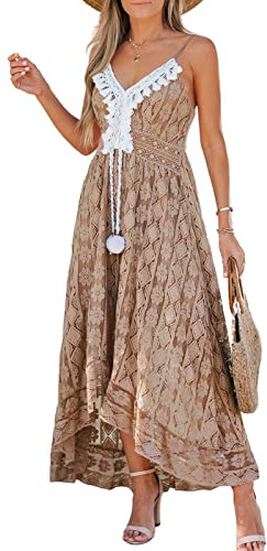 CUPSHE Robe d'été pour Femme Boho Maxi à Lacets avec Pompon col en V évasé à Volants Robes de Plage Marron L