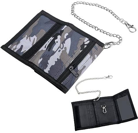 DAWRIS Geldbörse für Jungen mit Kette-Clip - Slimer Kindersportmonnaie in Camo Grau - Faltbares Dreifaches Wallet mit Reißverschluss
