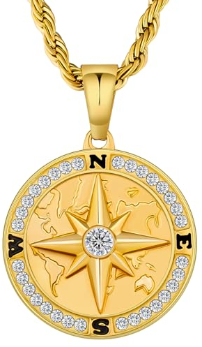 KRKC&CO Kompass Anhänger Kette Goldkette Herren, 2,5mm 55,9cm Rope Kette Kettenanhänger Münze Windrose mit Landkarte Gold, 18K vergoldet Edelstahl Halskette Medaillon, Geschenk für Männer Jungen