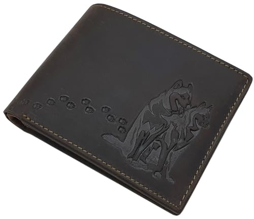 myledershop Echt Büffel-Vollleder Geldbörse/Geldbeutel/Portemonnaie/Geldtasche in Hoch- oder Querformat mit Huskies-Motiv und RFID & NFC Schutz (Modell 2 / Querformat/Braun)
