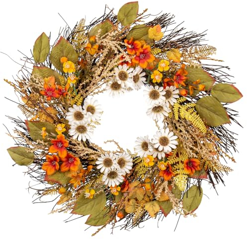 50 cm de diamètre - Couronne de fleurs décorative - Grande couronne de feuilles d'érable - Couronne de porte artificielle pour porte d'entrée, murs, fenêtres, cheminée, table - Décoration d'automne -