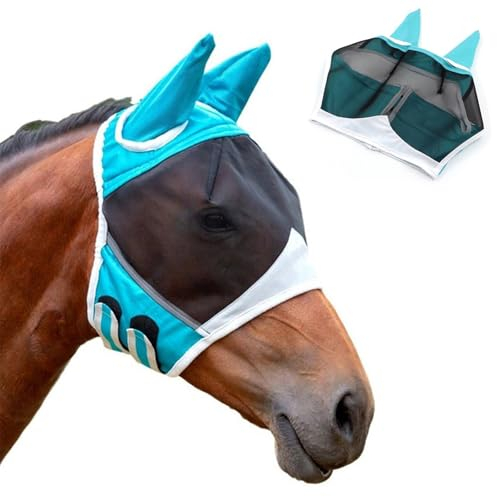 Fliegenmaske Pferd,Fliegenmaske Pferd Uv Schutz,Fliegenschutz Pferd,Fliegenhaube Pferde,Super Comfort Stretchy Pferdefliegenmaske mit Ohrenschutz mit Schutz Vor UV-Strahlen und Bremsen(L)