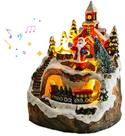 RXMORI Casa Illuminata del Villaggio di Natale,Edificio del Villaggio di Natale con Treno in Movimento,Pupazzo di Neve,Luci a LED e Musica,Decorazione per Interni della (Stile