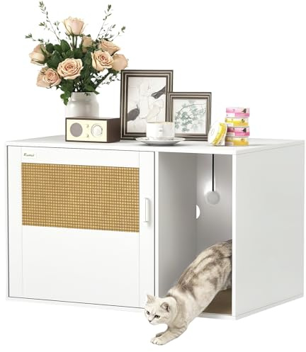 PawHut Mueble Arenero para Gatos, Caja de Arena para Gatos con Almohadilla para Rascar y Puerta de Ratán, Mesa Auxiliar para Salón, Dormitorio, 80x50x50 cm, Blanco