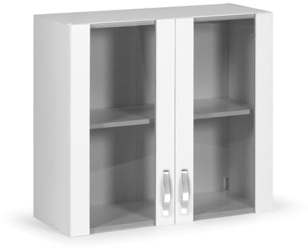 Linea Azzurra Pensile Cucina Sospeso 80 2 Ante con Vetrina 2 Ripiani Mobile in Legno Made in Italy H72xL80xP32 cm Facile da Montare (Bianco Frassinato)