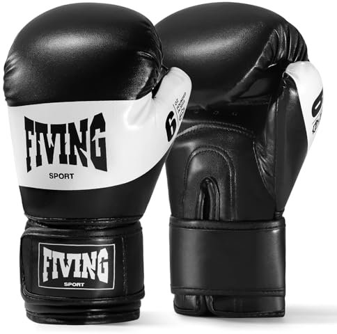 FIVING Kinder Boxhandschuhe, Jugendtrainingshandschuhe, Boxtaschen, Taekwondo, Muay Thai, Mixed Martial Arts (schwarz und weiß, 6oz)