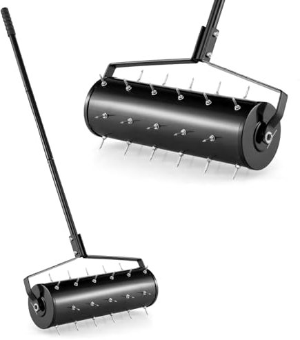 GOPLUS Aireador de Césped de 45/53 cm con Mango de Metal de 130 cm, Tambor Rellenable, Púas Afiladas para Penetrar el Suelo del Césped, Aireador Rodillo Manual para Jardín (53 x 130 cm)
