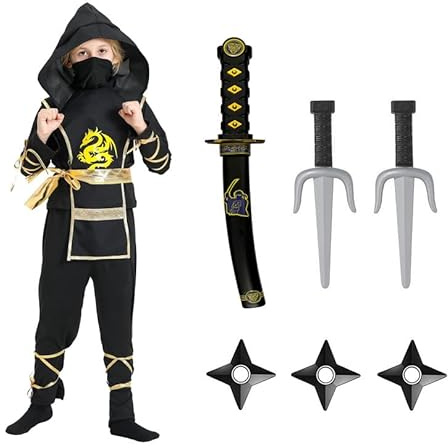 ELINA Ensemble de Costume de Ninja pour Enfants avec Rubans épée de Ninja en Plastique Fléchettes et Baïonnette pour Halloween Carnaval et les fêtes Costumées Cosplay