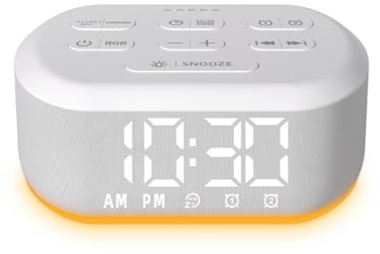 Small Digital Alarm Clock for Bedrooms Sound Machine with 30 Soothing Sound Plug in Desk Clock with Night Light Noise Machine Battery Backup 15 Wake up Sound Clock for Teen Kid Heavy Sleeper Snooze