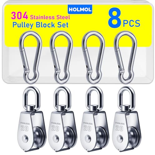 HOLMOL Flaschenzug Umlenkrolle 8 Stück, 304 Edelstahl M20 Umlenkrollen für Seile, 4 Stück Seilrolle mit 4 Stück Karabiner M6 für Sonnensegel Fitness Seilwinde Tragkraft 75KG