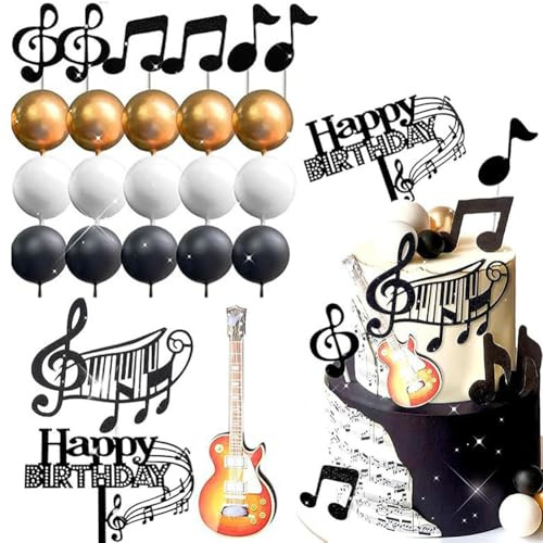 Notas Musicales Decoracion, 24 Piezas Happy Birthday Cake Topper guitarra decoración para tartas para Cumpleaños Tema Musical Decoracion de Fiesta Disco Decoracion de Cumpleaños Rock Roll