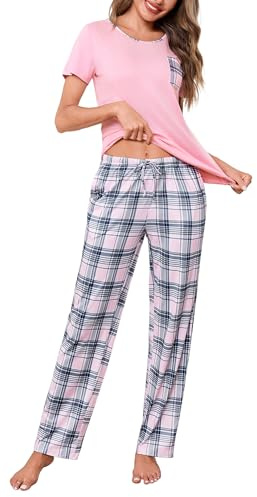 Demegimi Women’s Pajamas Set Short Sleeve Cotton Checked Ladies Pjs Loungewear Crew Neck Top and Loose Fit Wide Leg Pants Soft Sleepwear with Pockets
