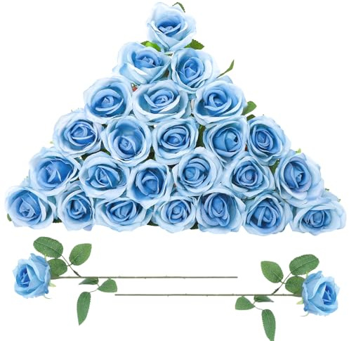 saerryor 24 Pcs Sky Blue Rose Artificial Flowers with Long Stem Real Touch Silk Roses Bulk for Wedding,Party,Table Centerpieces Bouquet,Bridal,Home Decoration
