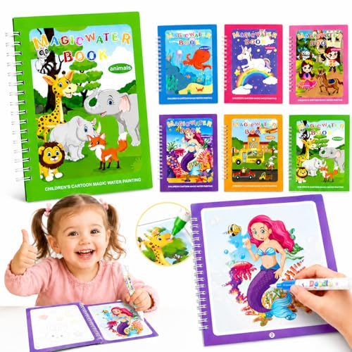 Tangdudu 6 Pieces Magic Water Colouring Books Reusable Water Painting Books for Children with 6 Pieces Water Pen, Mess-Free Educational Toys Travel Toys Activity Book for Boys & Girls 3 2 1+