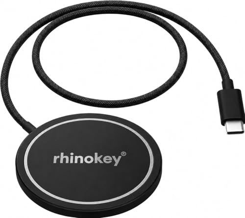 Rhinokey® 15W Wireless Charger Qi 1.2 Fast Wireless Charging Pads MagSafe | Magnetic Charger for card Tracker AirPods iPhone & Android Long Cable 100 cm Magnet Pad with Type C to A Cable Converter