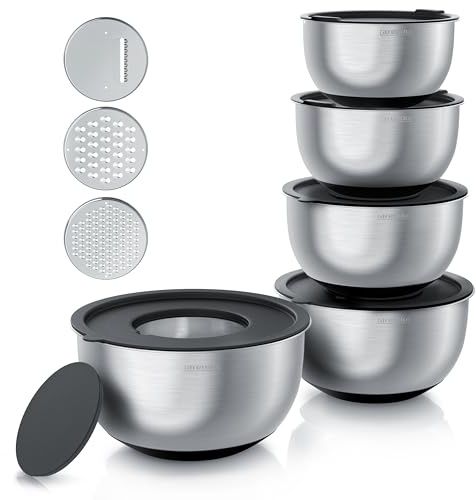 Arendo - Salatschüsseln Edelstahlschüssel Set 5-teilig - mit sicher abschließenden Deckeln – 3 Reibaufsätze - Rührschüsseln in 1,6 bis 5 Liter – Silikonboden - spülmaschinengeeignet – BPA-frei