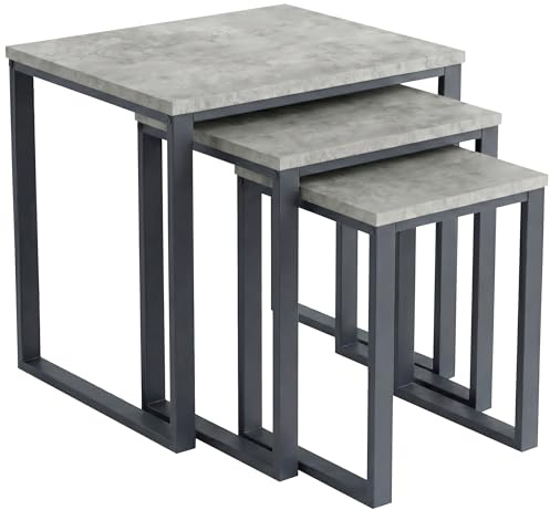 Blisswood Nest of 3 Tables for Living Room, Industrial Nesting Coffee Table Set of 3 with Metal Frame, Stacking Side End Tables, Space Saving Occasional Set for Bedroom Small Spaces, Concrete Grey