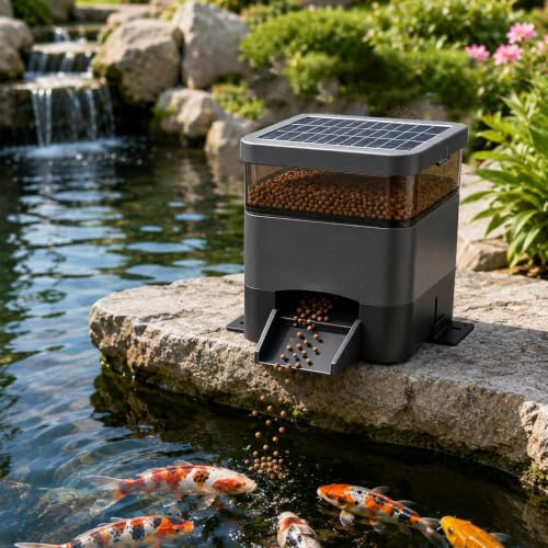 XEEAOFE Automatisk soldriven fiskmatdispenser, 4L kapacitet (10 l), justerbar timer, matdispenser för utomhus Koi fuktsäker svart-4L