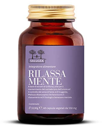 Salugea RILASSA MENTE - Integratore Rilassante contro Ansia e Stress - 100% Naturale - Con Griffonia, Giuggiolo, Melissa E Biancospino - 60 Capsule Vegetali