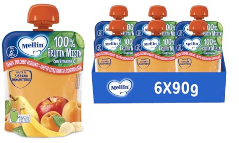 Mellin Pouch Merenda Frutta Mista Con Vitamina C, 90 g, Confezione da 6