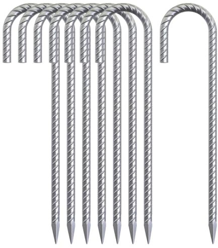 AAGUT Estacas de Barra de Refuerzo de 16 Pulgadas Resistentes con Gancho en J de 3/8 Pulgadas, Anclajes de Tierra de Acero galvanizado, estacas de jardín, Patio, espigas de Paisaje, Paquete de 8 para