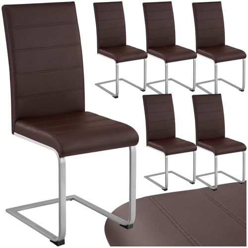 tectake Freischwinger Schwingstuhl, Stuhl 6er Set, Moderne Esszimmerstühle oder Küchenstühle mit strapazierfähigem Kunstleder Bezug - braun