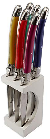 Laguiole Production - Bloc 6 couteaux à steak - Avec bloc de rangement bois - Acier inoxydable - Manche ergonomique - Set couteau de table manches design - Eté 10100014