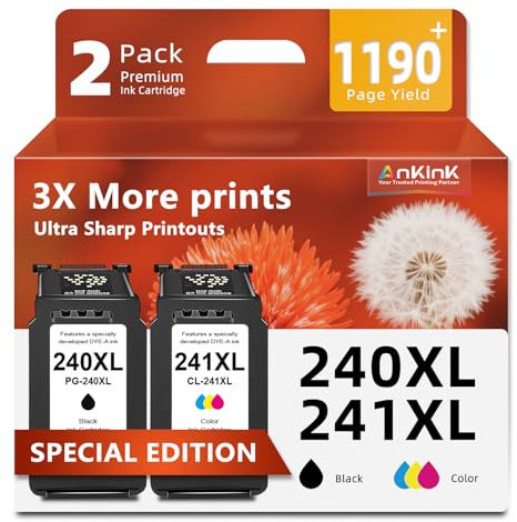 240XL 241XL Ink Cartridge Replacement for Canon Ink 240 241 PG-240 CL-241 XL Cartridges for MG3600 MG3620 TS5120 TS5100 MG3220 MG3520 MG2120 MX452 MX512 MX532 (Black Tricolor,2-Pack)