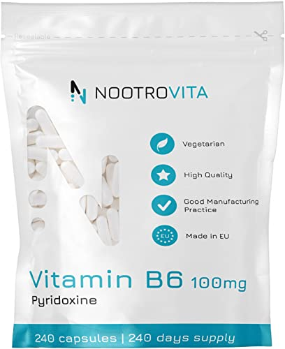 Vitamin B6 Hochdosiert 100mg - 240 Kapseln - Pyridoxin | Vegan Vit B 6, Keine Künstlichen Füllstoffe | Allergen unf Gluten Frei | Hergestellt in ISO-Zertifizierten Betrieben | Nootrovita