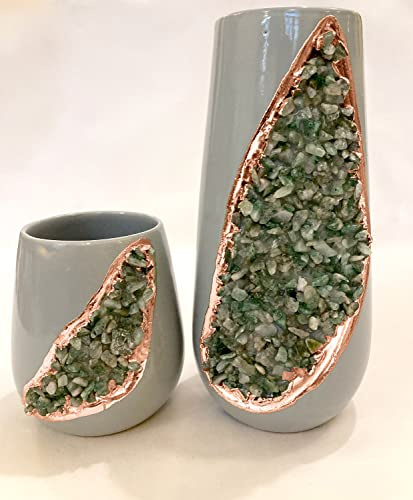Grey and Gold Ceramic Vase/Planter/Pot/Wine Goblet/Mug with Light Green Semi - Precious Agate Crystal Gemstones |Large (Height 8 inches), (Rose Gold - Finish)