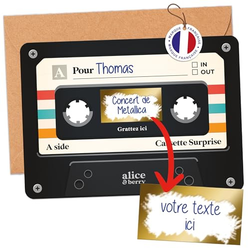 aliceandberry Tarjetas de rascar Cassette Sorpresa - Regalo para Concierto y Festival de Música - Cumpleaños, Despedida de Soltera, Fiesta de Pareja - Personalizable a mano - Diseño Retro Vintage