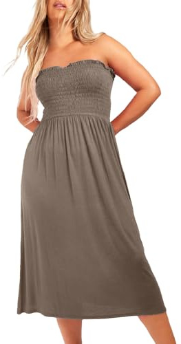 NetSetUK Women's Strapless Sheering Boob Tube Gather Oversized Plus Size Elasticated Bust Bandeau Plain Beach Summer Sleeveless Top Midi Dress for Ladies 8-22