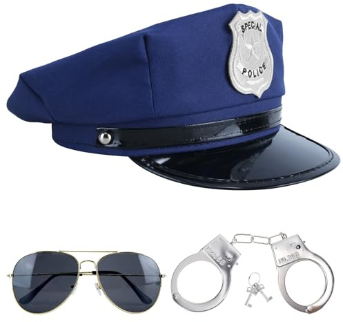 Makone Disfraz de policía de tres piezas, gorro de policía, paraguas, esposas de policía, traje de policía para mujer o policía, disfraz para niños de Halloween (Azul)