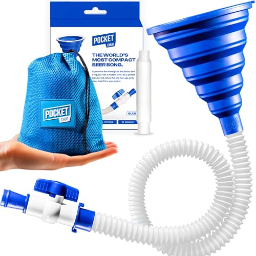 Beer Bong Funnel by Pocket Chug - Compact, Portable Beer Funnel with Fast-Flow Valve and Discreet Carry Bag (Blue)