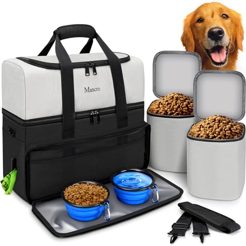 Mancro Dual Layers Dog Travel Bag, Pet Travel Bag with 2 Extra Large Food Containers, 2 Collapsible Dog Bowls, Multi-Pockets Tote Organizer for Pet Essentials for Dogs, Black